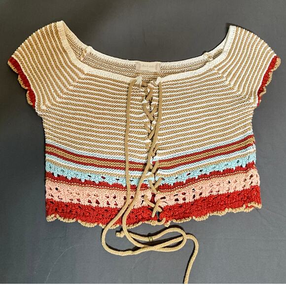 Altard State Sz Small Crochet Crop Pullover Top Tie Front Beige Rust Pink Blue - Picture 1 of 5